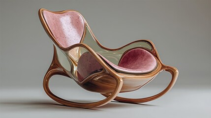 Modern rocking chair with fluid, wooden frame and blush pink upholstery
