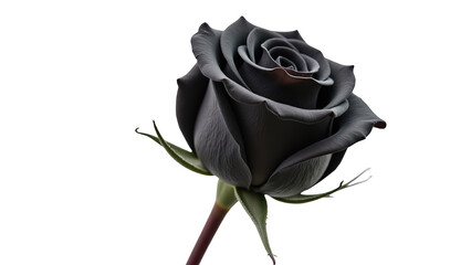 Stunning black rose with velvety petals and delicate green leaves, symbolizing mystery and elegance. This flower stands out beautifully against