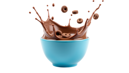 Vibrant blue bowl filled with chocolate milk splashes as cereal pieces fly through air, creating dynamic and playful scene