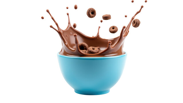 Vibrant blue bowl filled with chocolate milk splashes as cereal pieces fly through air, creating dynamic and playful scene