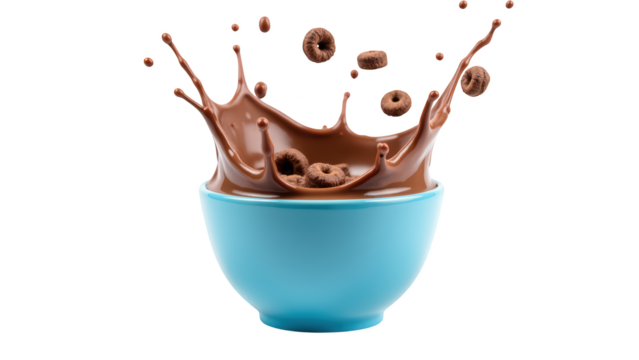 Vibrant blue bowl filled with chocolate milk splashes as cereal pieces fly through air, creating dynamic and playful scene