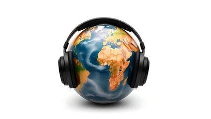 A globe wearing black headphones on a white background showcasing earth continents and oceans view