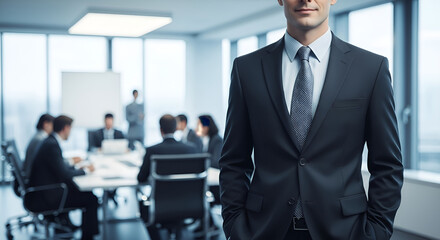 Fototapeta premium Successful executive embodies leadership during corporate meeting in a modern office space with city views