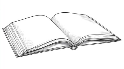 Hand-drawn black-white open book outline with blank pages, knowledge symbol vector for logos or education. 