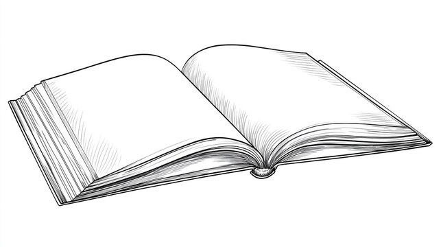 Hand-drawn black-white open book outline with blank pages, knowledge symbol vector for logos or education.