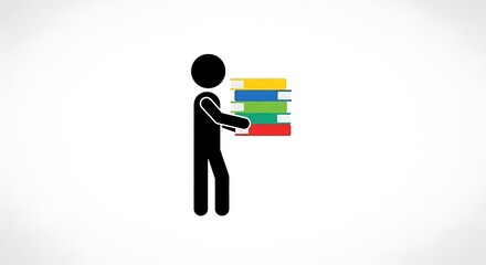 Conceptual illustration of a stick figure carrying a stack of colorful books