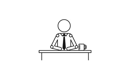 Minimalist line art depicting a businessman at a desk with a coffee mug