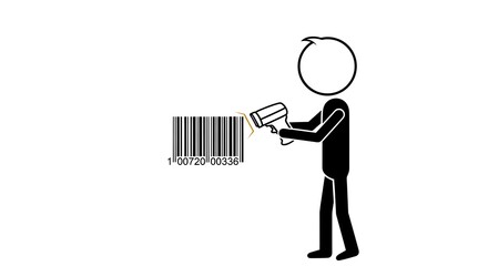 A stick figure scans a barcode with a scanner representing technology and retail