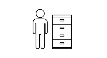Simple linear icon illustration: Person stands next to a filing cabinet in a minimalist design