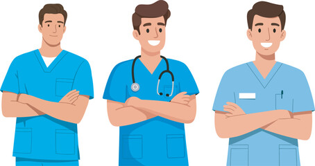 Fototapeta premium Skilled team of doctors standing confidently in scrubs ready to provide modern medical healthcare solutions