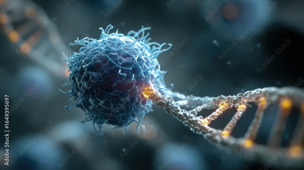 Poster an artistic representation of a 3dprinted model of a cancer cell paired with mrna strands symbolizin