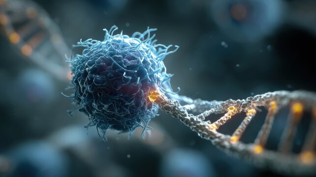 An artistic representation of a 3Dprinted model of a cancer cell paired with mRNA strands symbolizing the targeted approach of personalized vaccines in healing processes within the