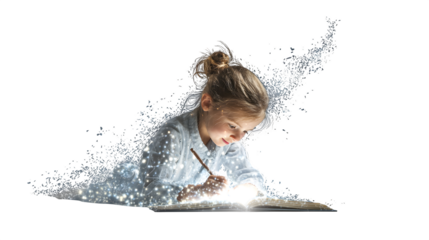 Young girl writing dreams in a journal that lights up