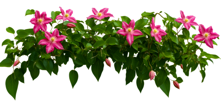 Vibrant Pink Clematis Flowers with Lush Green Leaves on White Background, cut out transparent