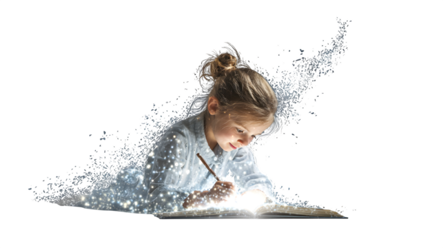 Young girl writing dreams in a journal that lights up