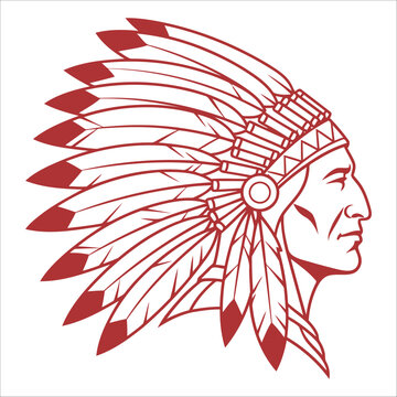 Stylized profile illustration of a Native American chief wearing a feathered headdress, depicted in red and white.
