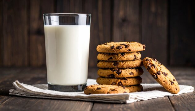 A classic combination of freshly baked chocolate chip cookies stacked next to a glass of milk on a rustic wooden table