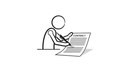 Stick Figure Signing a Contract on White Background with Clean Lines and Simplicity