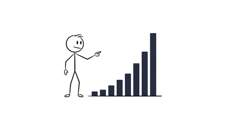 Stick figure pointing at a bar graph showing growth and financial success