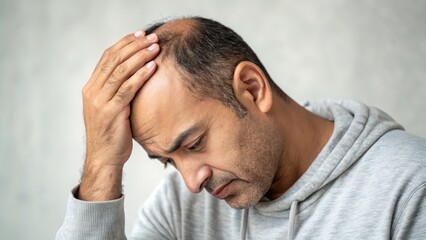 Fototapeta premium Man in gray hoodie expressing concern and emotional distress