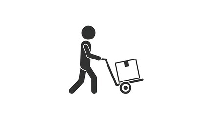Illustration of a stick figure delivering a box using a wheeled cart on white backdrop