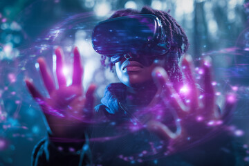 Student using VR headset & AI technology in smart classroom. Artificial intelligence, machine learning, virtual reality in education. Interactive learning, innovation, digital tools, futuristic school