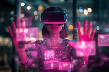 Student using VR headset & AI technology in smart classroom. Artificial intelligence, machine learning, virtual reality in education. Interactive learning, innovation, digital tools, futuristic school