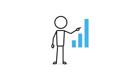 Stick figure presenting bar chart, illustrating growth and upward trends for business presentations