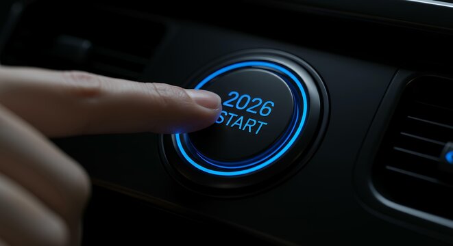 Close-up finger pressing illuminated 2026 start button with glowing blue circular interface for new year activation
