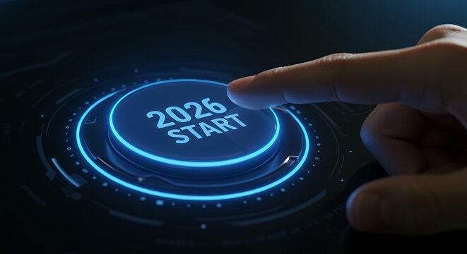 Professional hand finger pressing illuminated blue 2026 start button on futuristic holographic interface for new year activation - Powered by Adobe