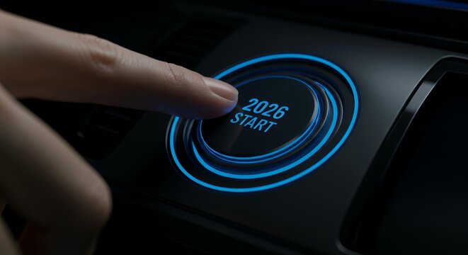 Finger pressing illuminated blue 2026 START button with glowing concentric circles on modern dark interface dashboard