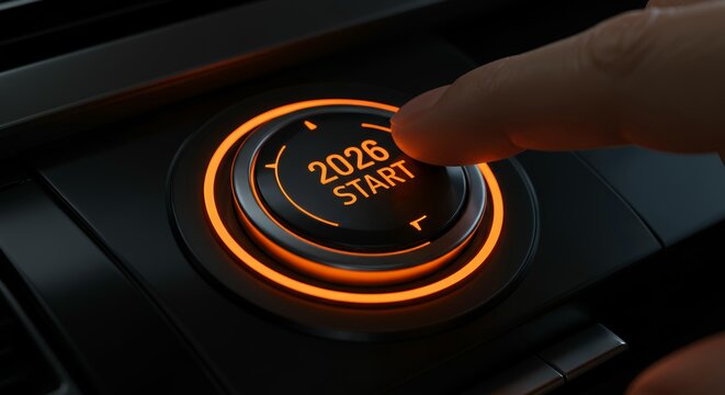 Finger activating orange glowing 2028 START button with dynamic circular light animation and loading segments on dark interface - Powered by Adobe
