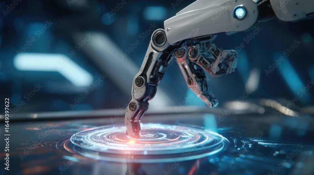 Poster closeup of a robotic arm executing precise movements connected to a glowing 6g slice that visibly de