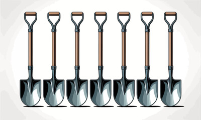 Row of Vintage-Style Metal Shovels with Wooden Handles