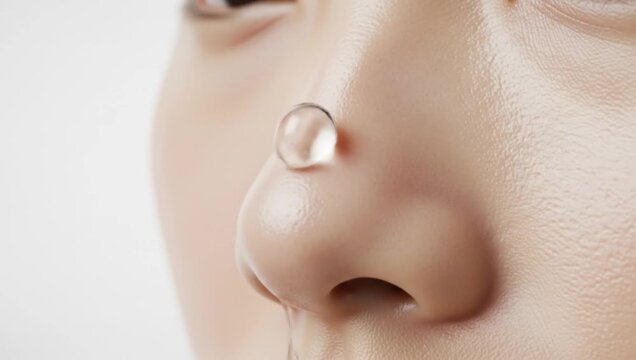 A close-up of a clear hydrocolloid patch or pore strip on a woman's nose for acne or blackhead treatment.