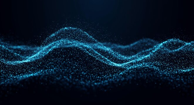 Abstract cyan blue particle waves flowing in dark space, 3D digital technology data visualization background for futuristic network concepts