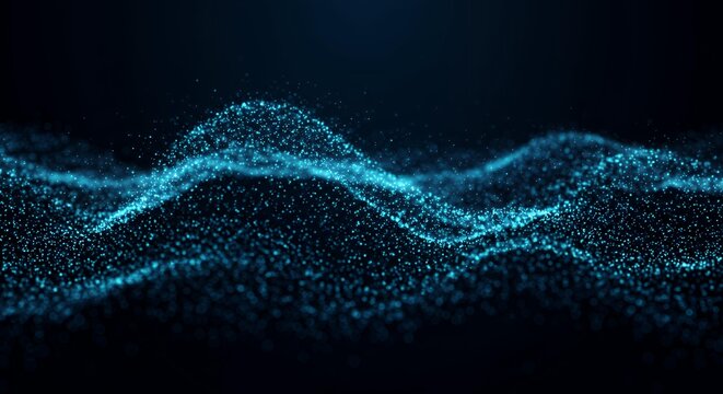 Flowing cyan blue luminous particle waves with glowing dots on black background, abstract digital data stream for technology and science concepts