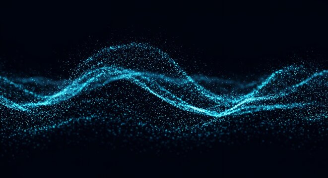 Abstract cyan blue glowing particle wave landscape with luminous dots on black background for digital technology and data visualization designs