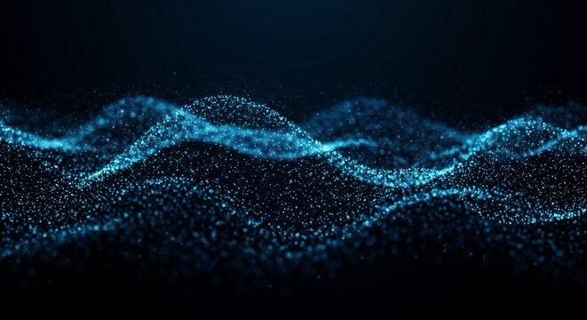 Cyan blue particle waves flowing horizontally across dark space, abstract digital data stream background for technology and network concepts