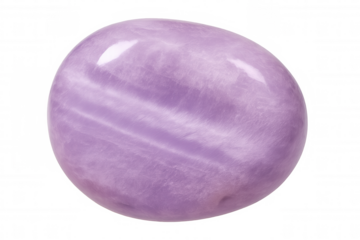 Polished purple gemstone reflecting light, highlighting iridescent surface and mineral translucency with clean crystalline appearance