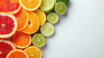 Colorful citrus fruit slices including grapefruit, orange, and lime arranged on a light background, vibrant healthy food display ideal for wallpaper, poster, and diet inspiration