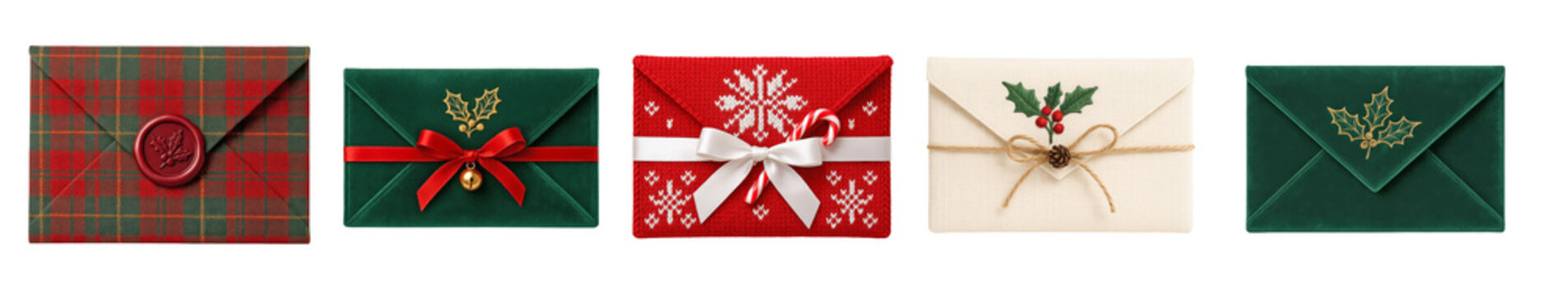 Set of festive Christmas envelopes with decorative holly, bows, and seasonal patterns on transparent background for holiday greeting cards and winter celebration design projects