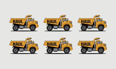 Set of yellow industrial haul trucks with bold 'HAUL' text, side view vector illustration.
