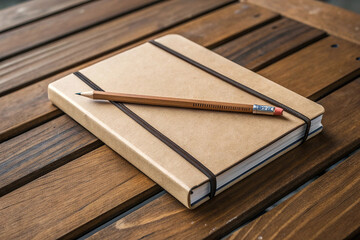 Kraft Paper Notebook with Pencil on Wooden Table journal