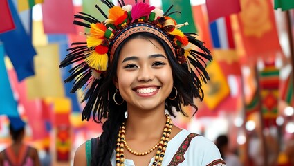 Fototapeta premium Portrait of a smiling woman with traditional headdress and necklace at a colorful festival event