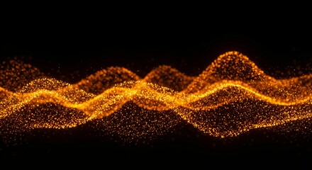 Dynamic flowing golden particle waves with glowing energy streams creating abstract digital data visualization on dark background for technology concepts