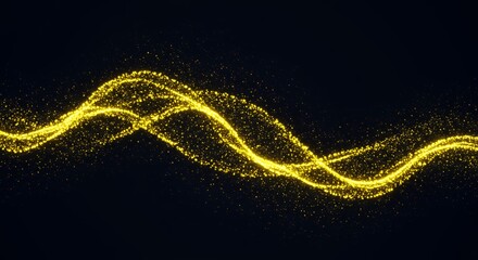 Bright yellow gold glowing particle wave with flowing energy ribbons and sparkling lights on dark blue background for digital technology visualization
