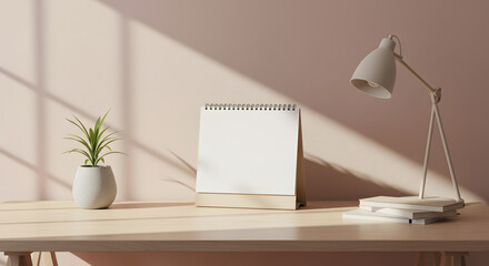 A blank calendar sits on a wooden desk with a potted plant and a lamp