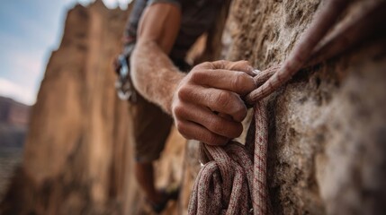 Close up of a climber's hand gripping a climbing rope, securing his ascent on a challenging rock face, demonstrating strength, skill, and determination in the pursuit of adventure