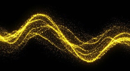Vibrant golden yellow particle energy waves with flowing dynamic streams and glowing sparkles on dark background for digital technology abstract design